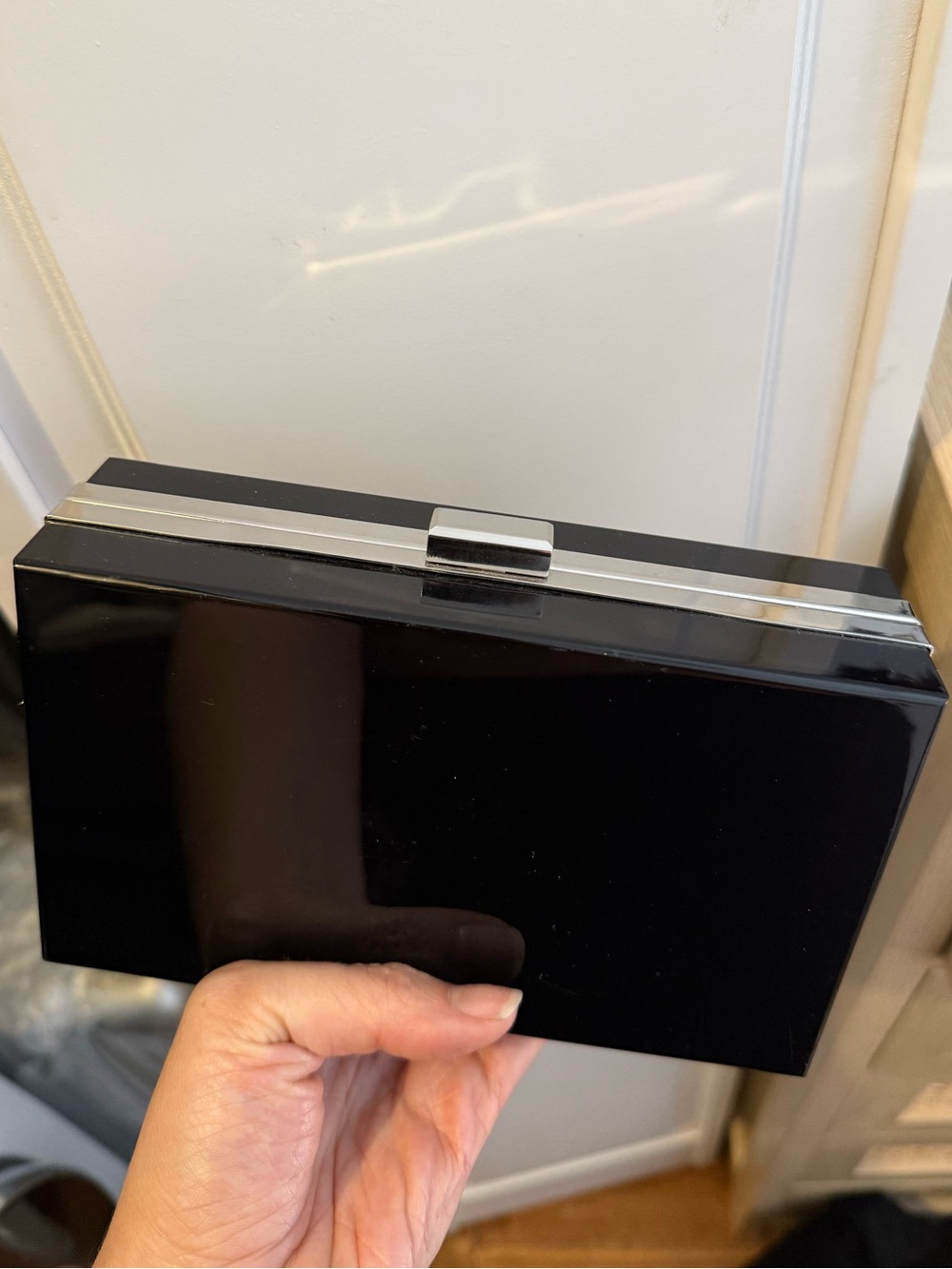 Black Glossy Rectangular Clutch with Silver Accent